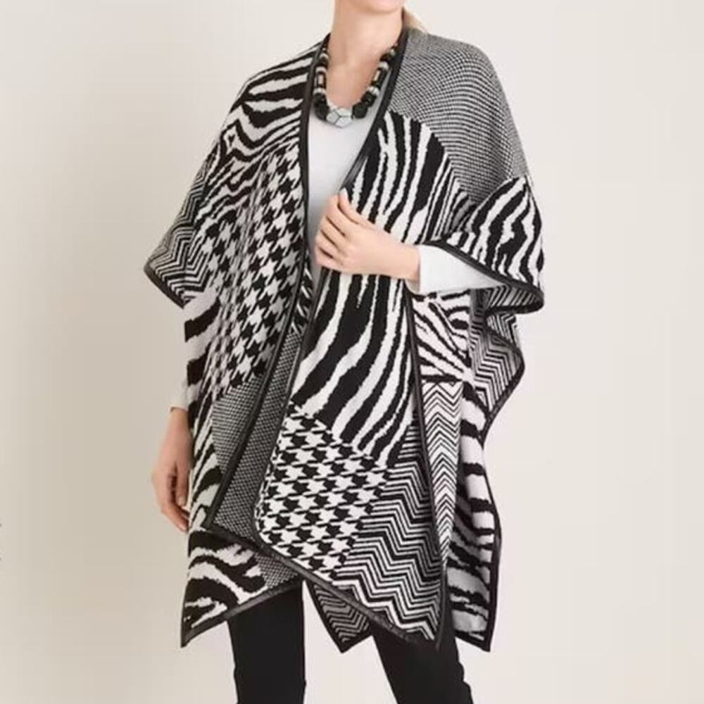 Chico’s Ruana Wrap Size S/M Zebra Mixed Knit NWT Colorblock Patchwork Versatile - Picture 3 of 11